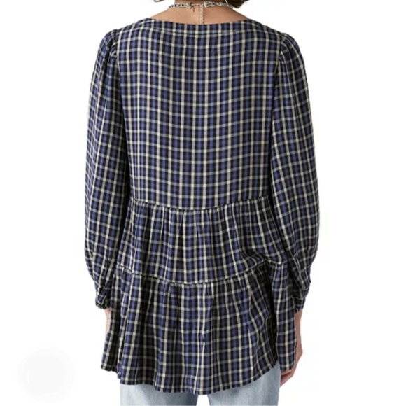 Lucky Brand Tiered Plaid Tunic Boho Peasant Top Button Front Blue and Tan size M - Picture 2 of 14